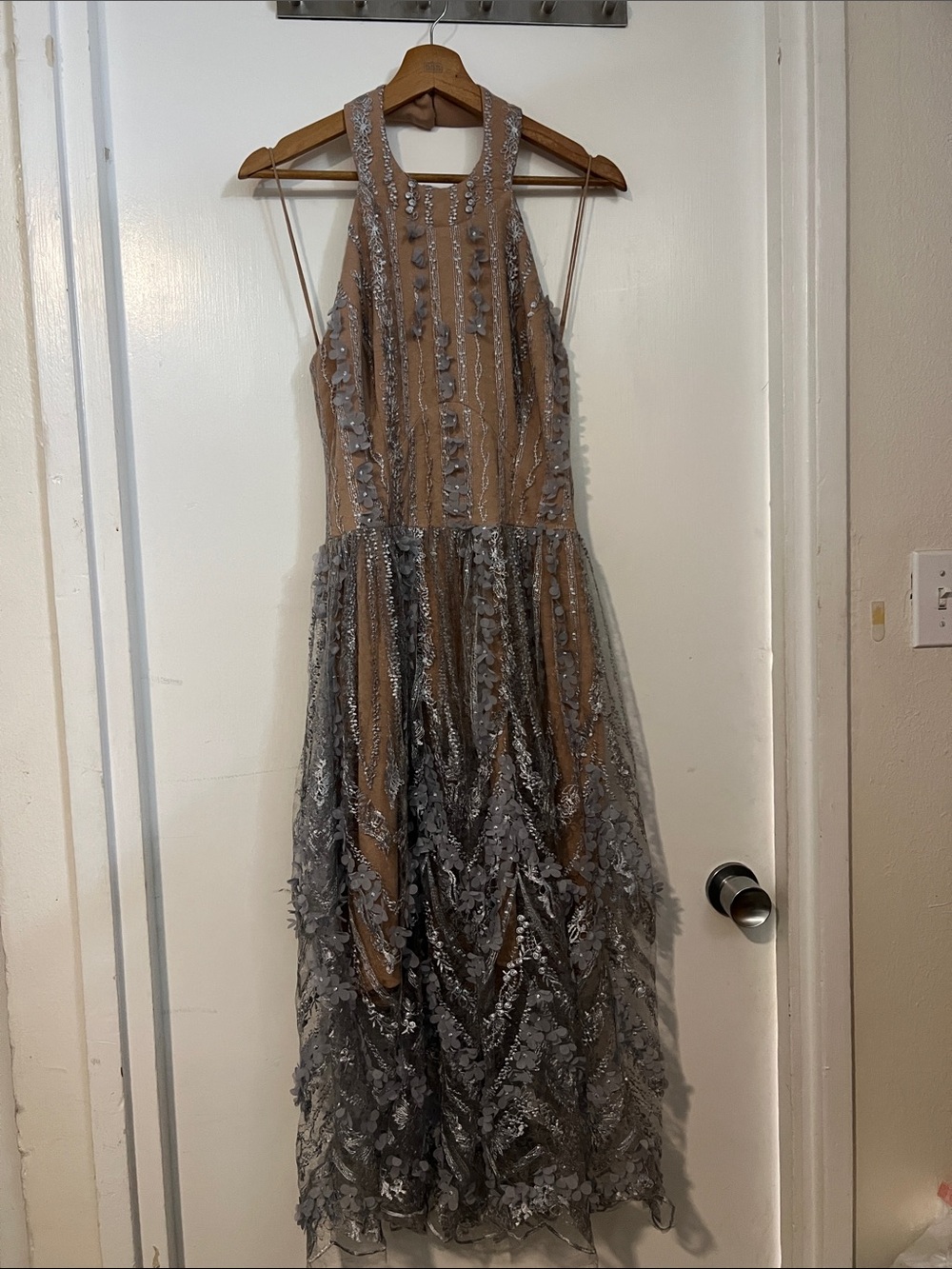 Dress the Population Taupe and Silver Embellished Halter Maxi Dress
